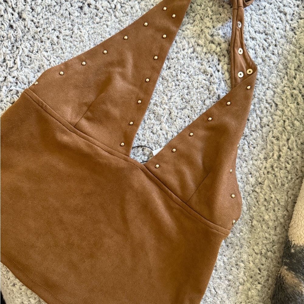 Princess Polly Tan Suede Shoulder Bag with Gold Studs